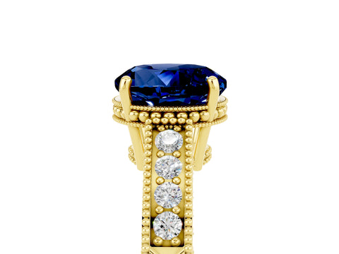 Yellow gold Round Cut Blue Sapphire Ring with Milgrain Pavé Band and Four-Prong Setting_17