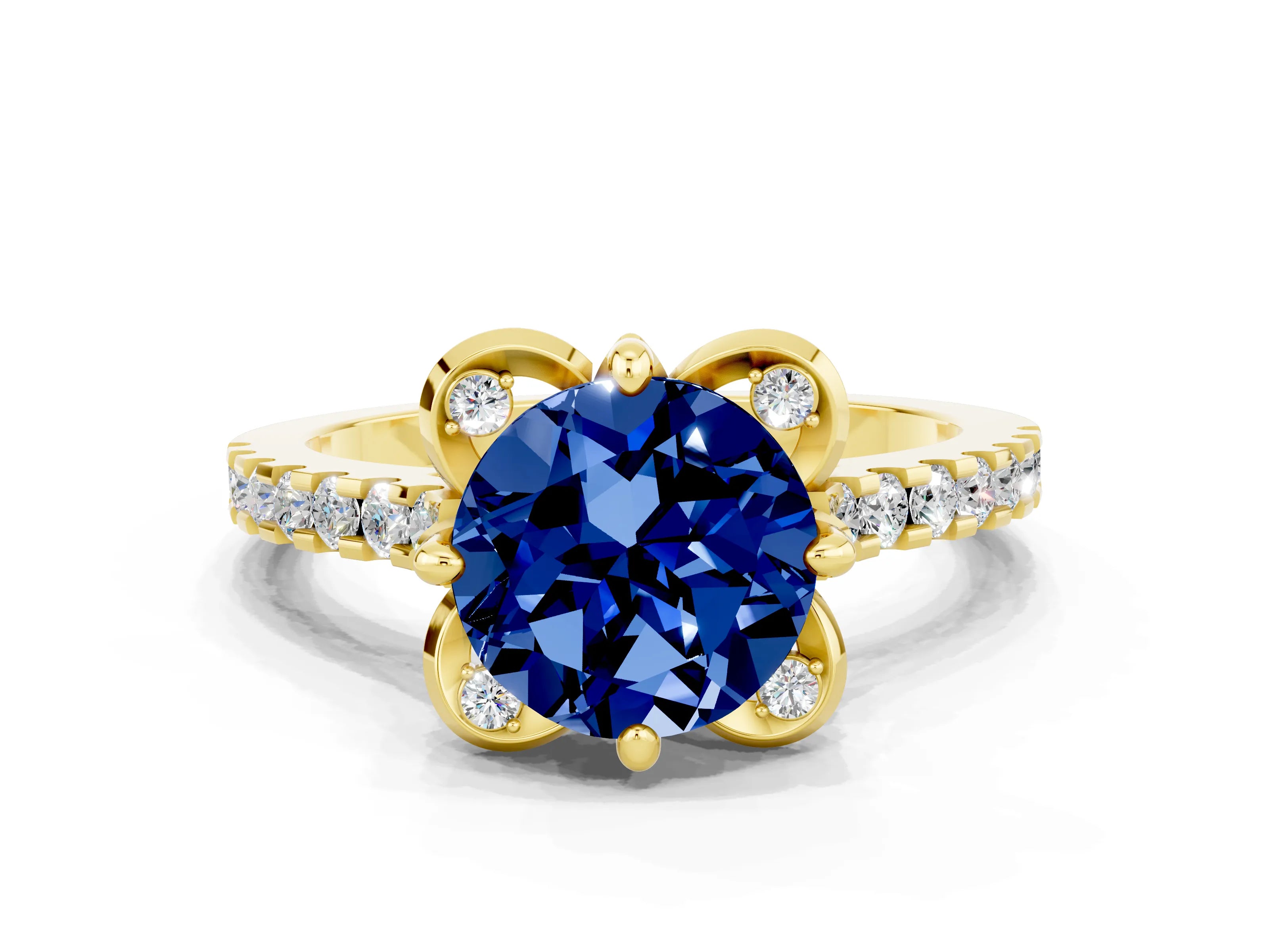 Yellow gold Round Cut Blue Sapphire Ring with Pavé Band and Floral Prong Setting