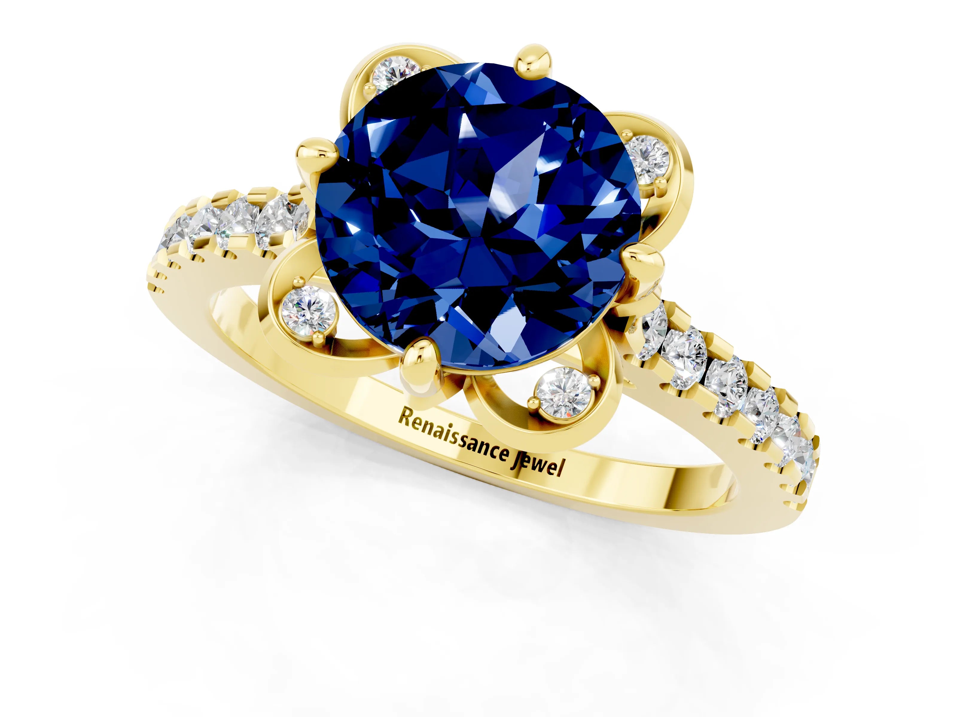 Yellow gold Round Cut Blue Sapphire Ring with Pavé Band and Floral Prong Setting_1