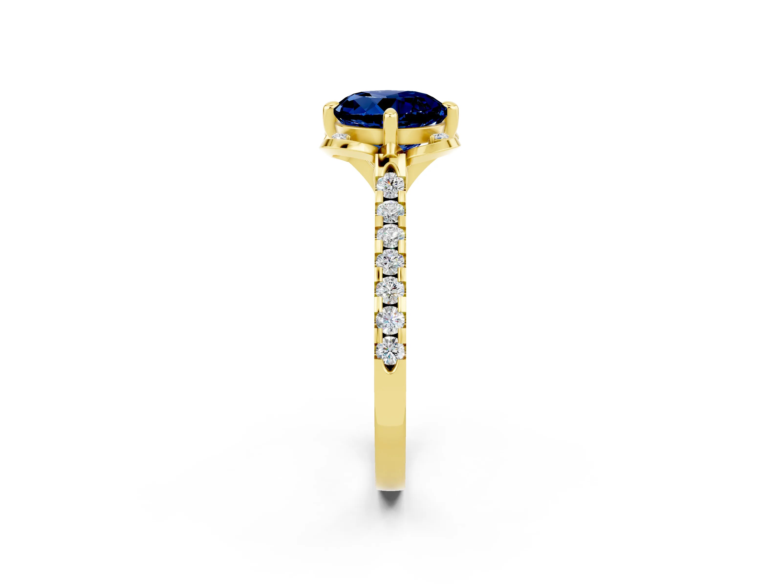 Yellow gold Round Cut Blue Sapphire Ring with Pavé Band and Floral Prong Setting_2