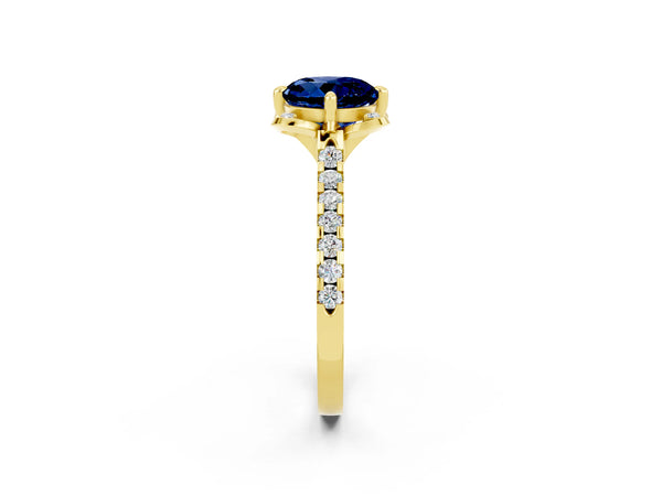 Yellow gold Round Cut Blue Sapphire Ring with Pavé Band and Floral Prong Setting