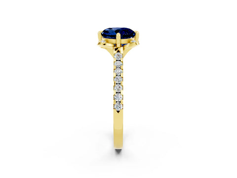 Yellow gold Round Cut Blue Sapphire Ring with Pavé Band and Floral Prong Setting_2