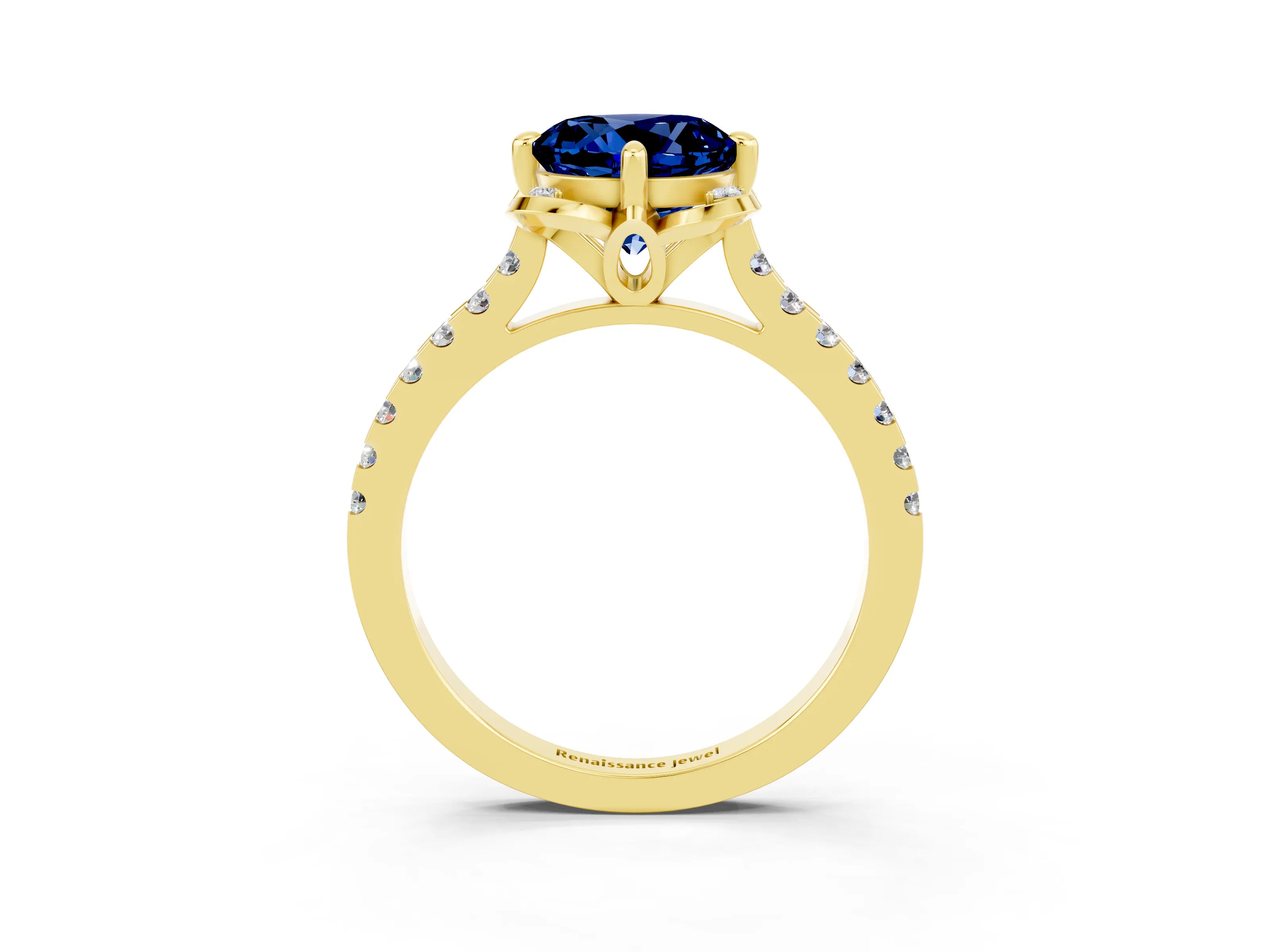 Yellow gold Round Cut Blue Sapphire Ring with Pavé Band and Floral Prong Setting_3