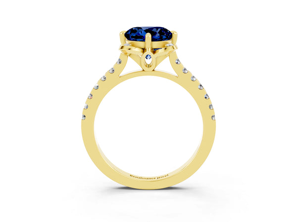 Yellow gold Round Cut Blue Sapphire Ring with Pavé Band and Floral Prong Setting