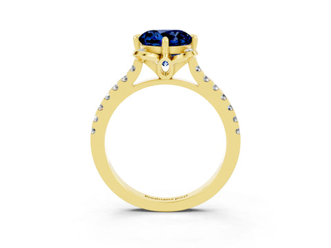 Yellow gold Round Cut Blue Sapphire Ring with Pavé Band and Floral Prong Setting_3