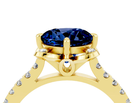 Yellow gold Round Cut Blue Sapphire Ring with Pavé Band and Floral Prong Setting_4