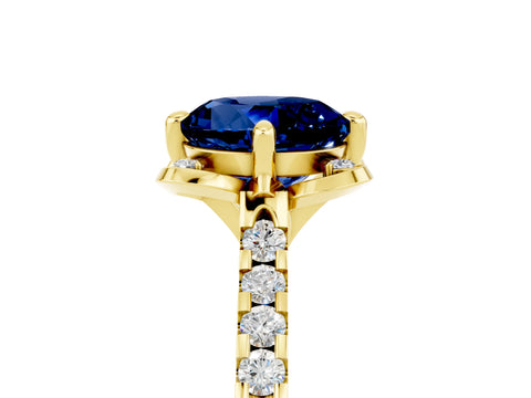 Yellow gold Round Cut Blue Sapphire Ring with Pavé Band and Floral Prong Setting_5