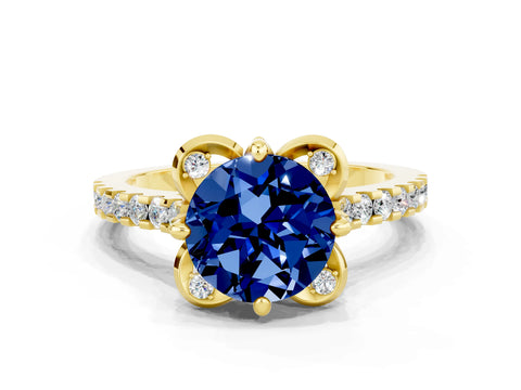 Yellow gold Round Cut Blue Sapphire Ring with Pavé Band and Floral Prong Setting