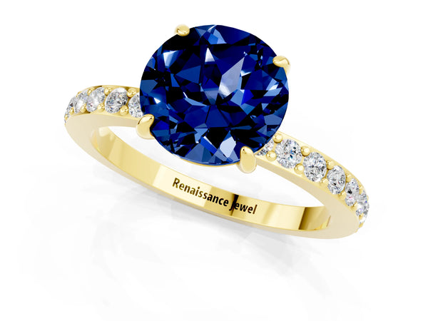 Yellow gold Round Cut Blue Sapphire Pavé Engagement Ring with Round  Accents and Prong Setting