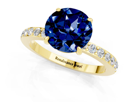 Yellow gold Round Cut Blue Sapphire Ring with Pavé Band and Four-Prong Setting_1