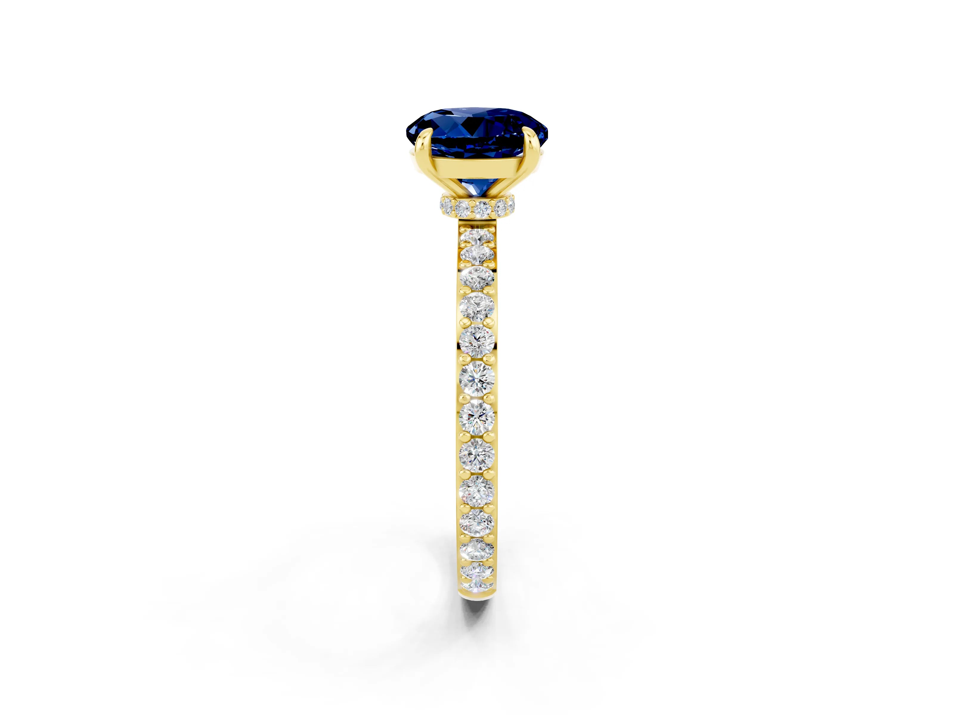 Yellow gold Round Cut Blue Sapphire Ring with Pavé Band and Four-Prong Setting_2