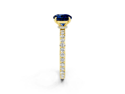 Yellow gold Round Cut Blue Sapphire Ring with Pavé Band and Four-Prong Setting_2