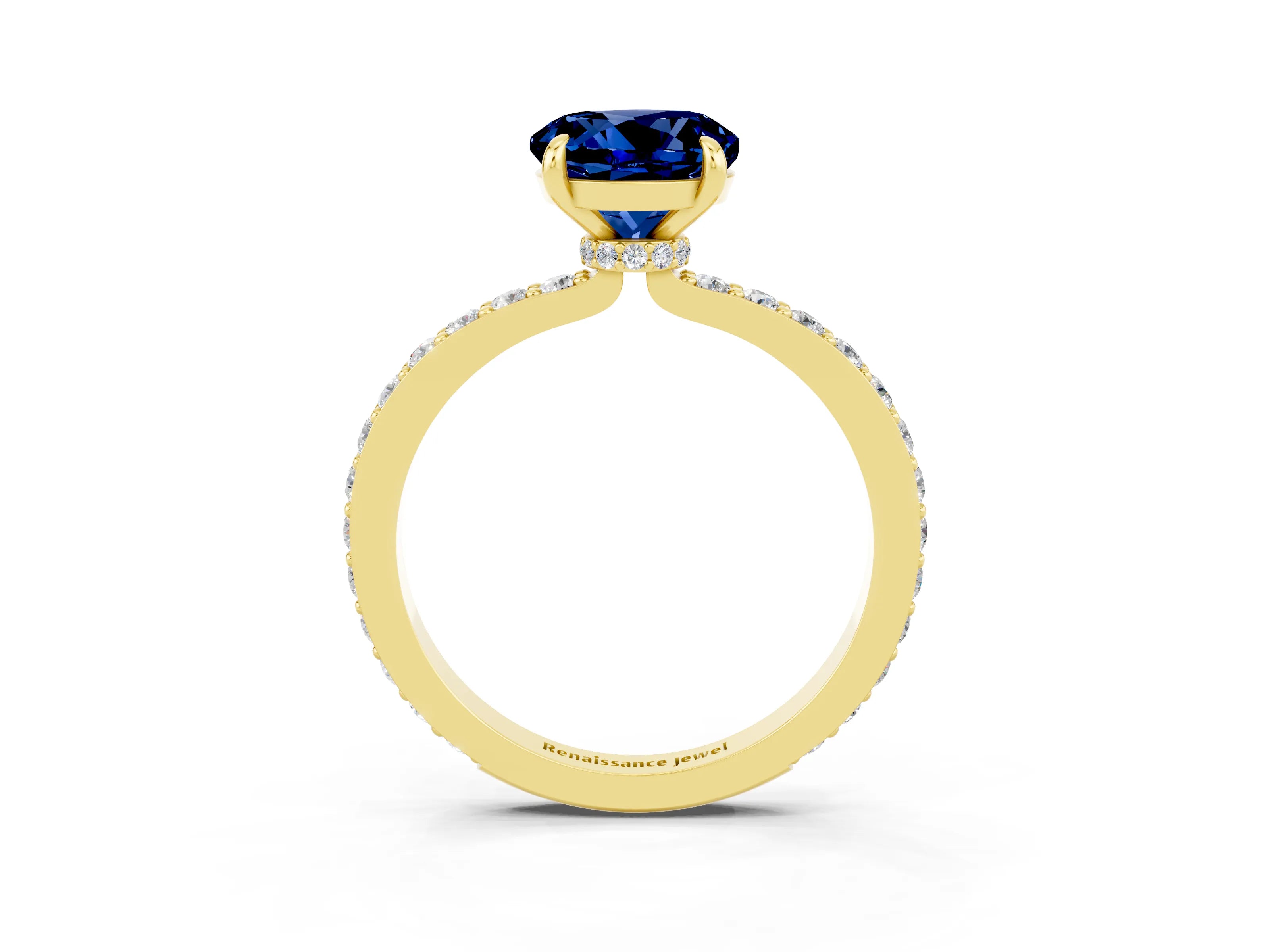 Yellow gold Round Cut Blue Sapphire Ring with Pavé Band and Four-Prong Setting_3