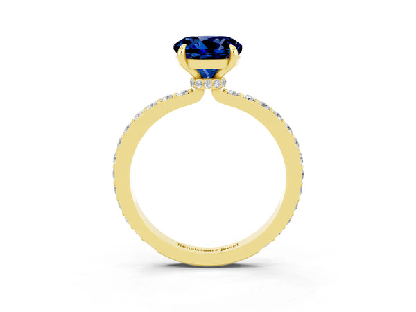 Yellow gold Round Cut Blue Sapphire Pavé Engagement Ring with Round  Accents and Prong Setting