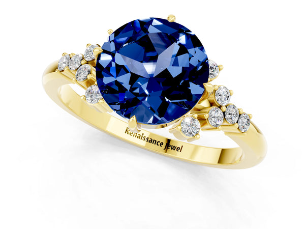 Yellow gold Round Cut Blue Sapphire Ring with Side Stones and Four-Prong Setting