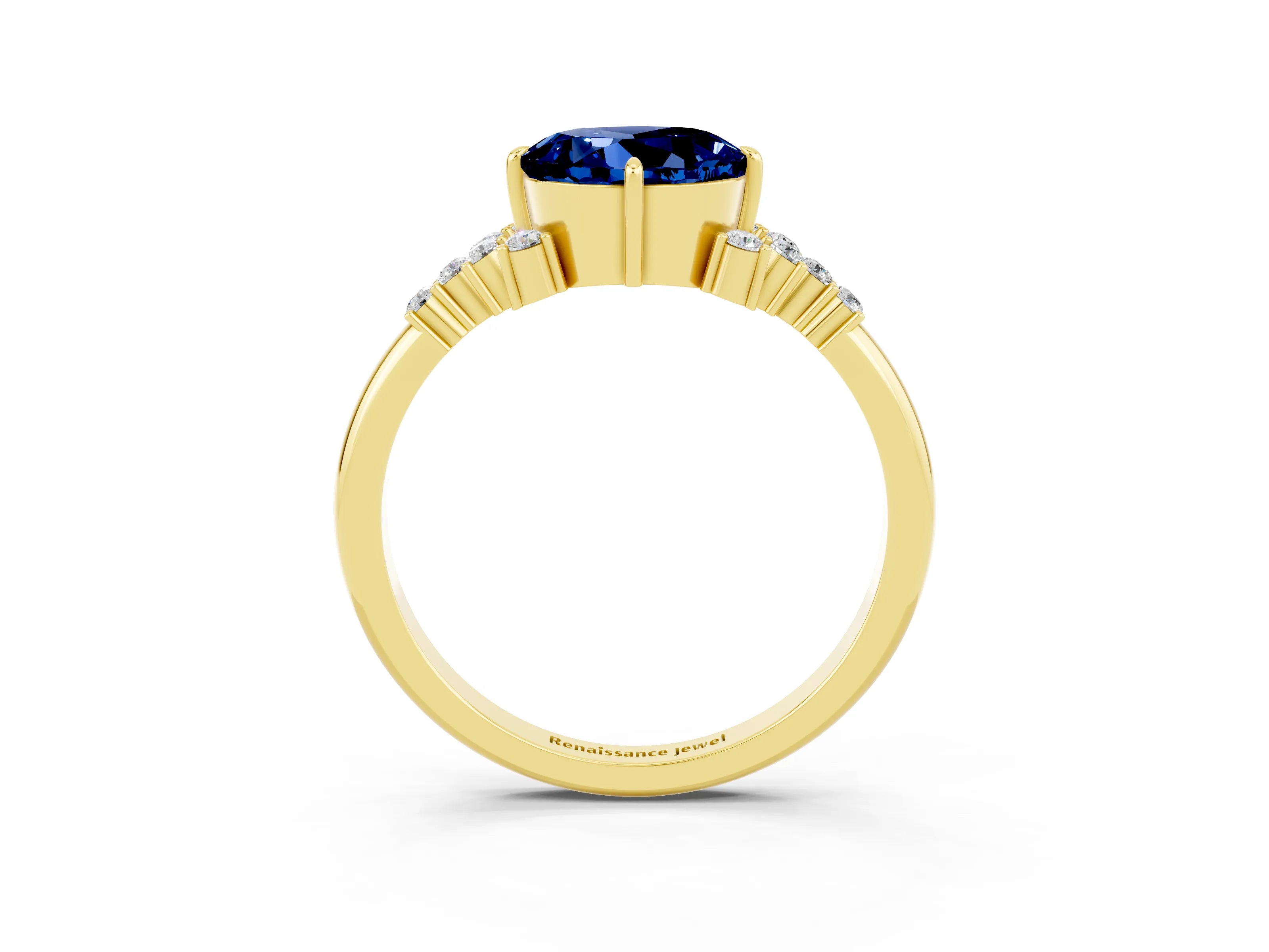 Yellow gold Round Cut Blue Sapphire Ring with Side Stones and Four-Prong Setting_39