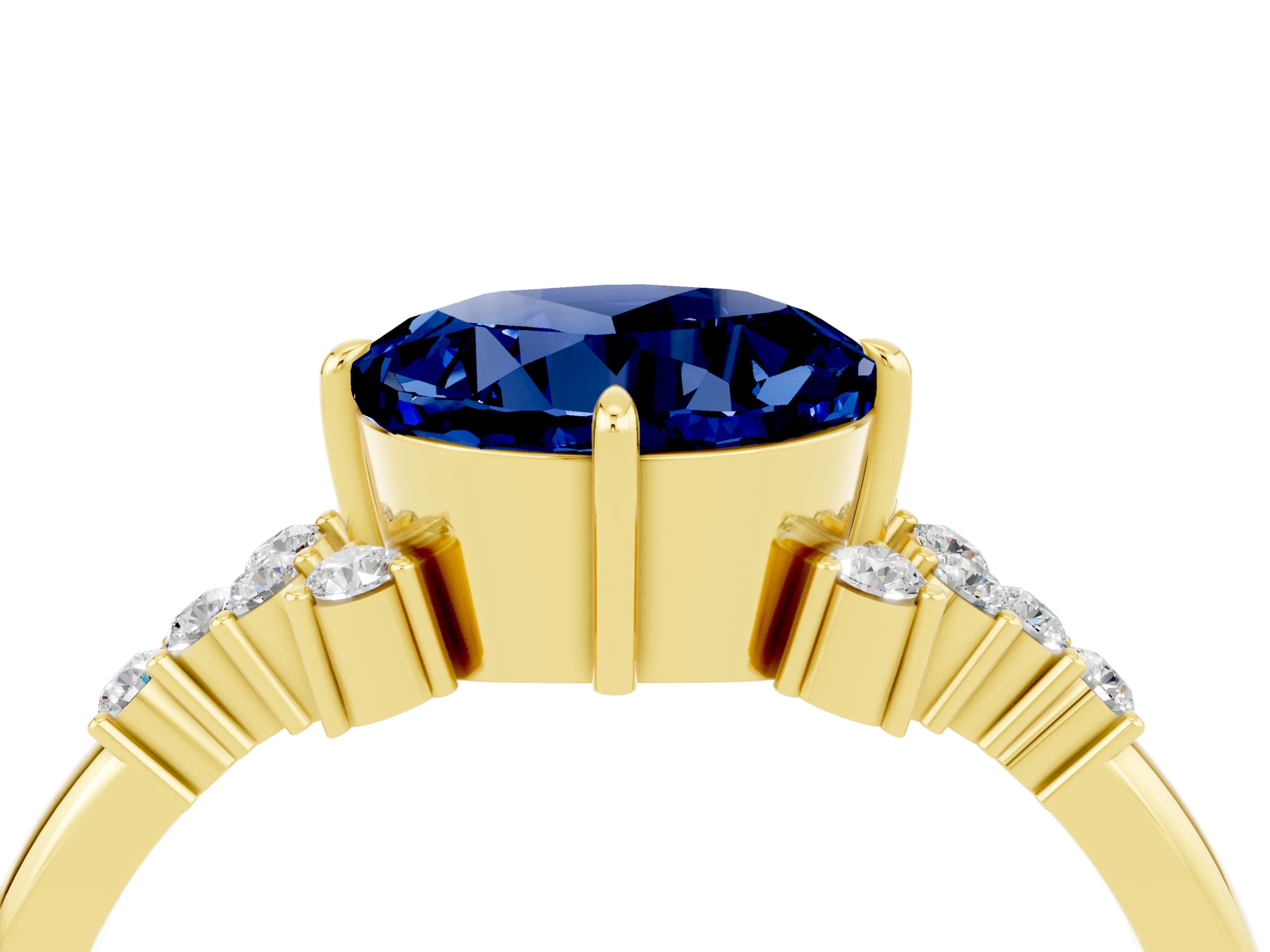 Yellow gold Round Cut Blue Sapphire Ring with Side Stones and Four-Prong Setting_40