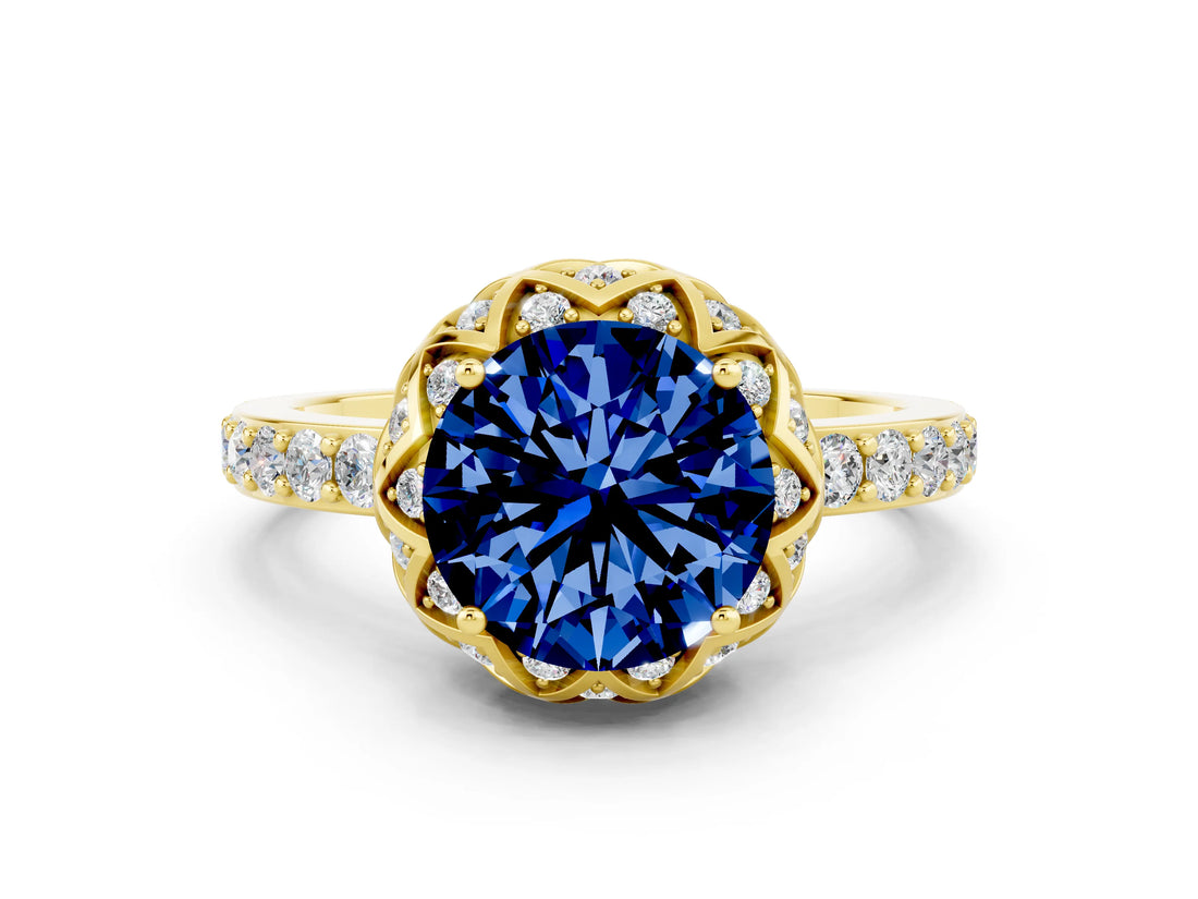Yellow gold Round Cut Blue Sapphire Scalloped Halo Engagement Ring with Round Shared Prong Band_24