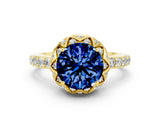 Yellow gold Round Cut Blue Sapphire Scalloped Halo Engagement Ring with Round Shared Prong Band_24