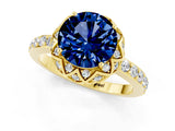 Yellow gold Round Cut Blue Sapphire Scalloped Halo Engagement Ring with Round Shared Prong Band_25