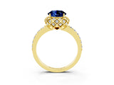 Yellow gold Round Cut Blue Sapphire Scalloped Halo Engagement Ring with Round Shared Prong Band_27