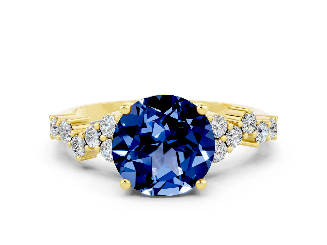Yellow gold Round Cut Blue Sapphire Scattered Round Accent Ring with Prong Setting_12