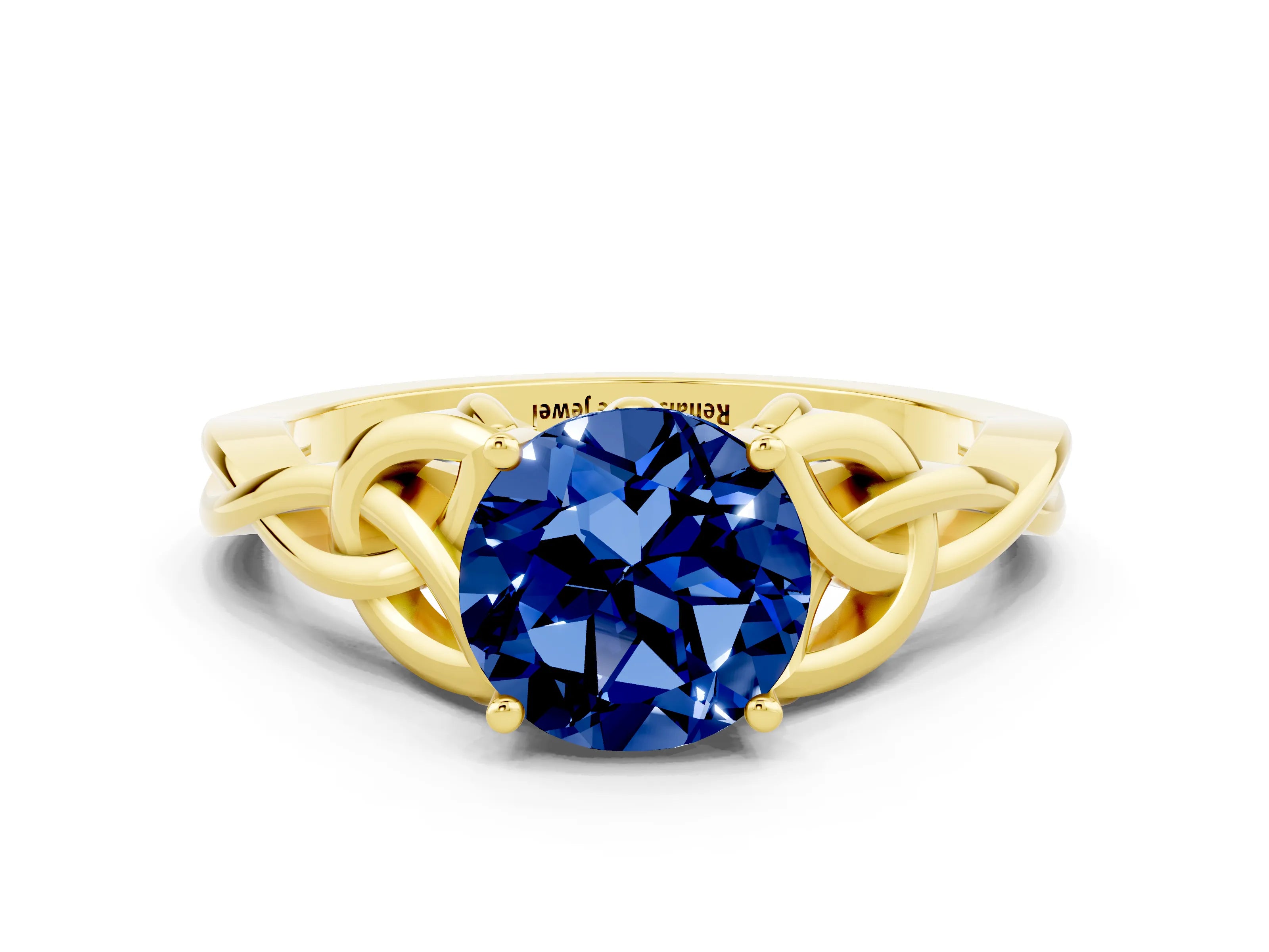 Yellow gold Round Cut Blue Sapphire Solitaire Celtic Knot Ring with Four-Prong Setting_12