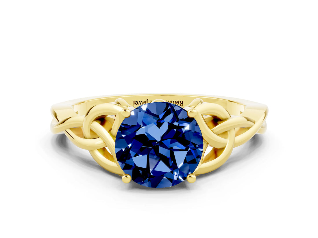 Yellow gold Round Cut Blue Sapphire Solitaire Celtic Knot Ring with Four-Prong Setting_12