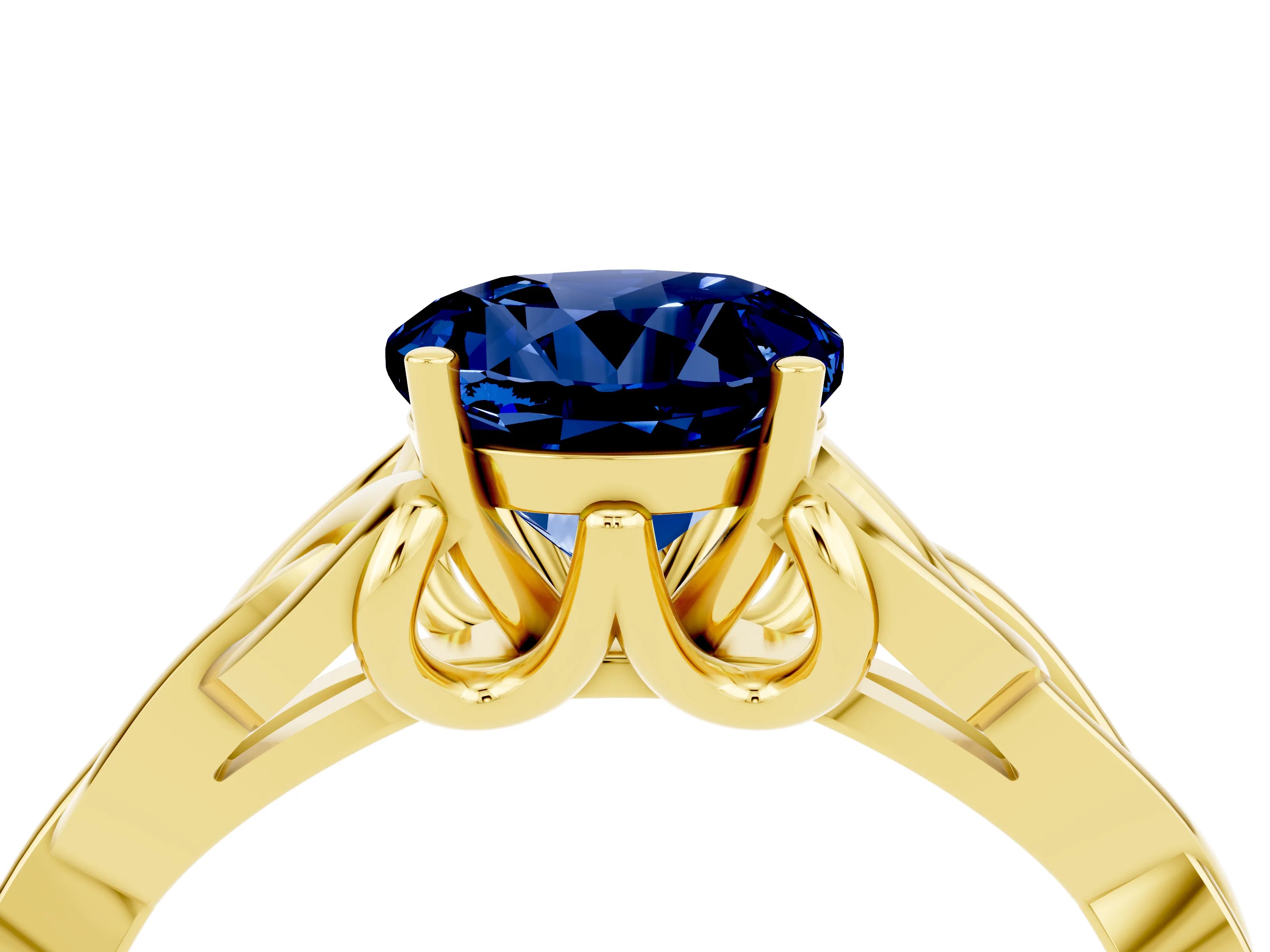 Yellow gold Round Cut Blue Sapphire Solitaire Celtic Knot Ring with Four-Prong Setting_16