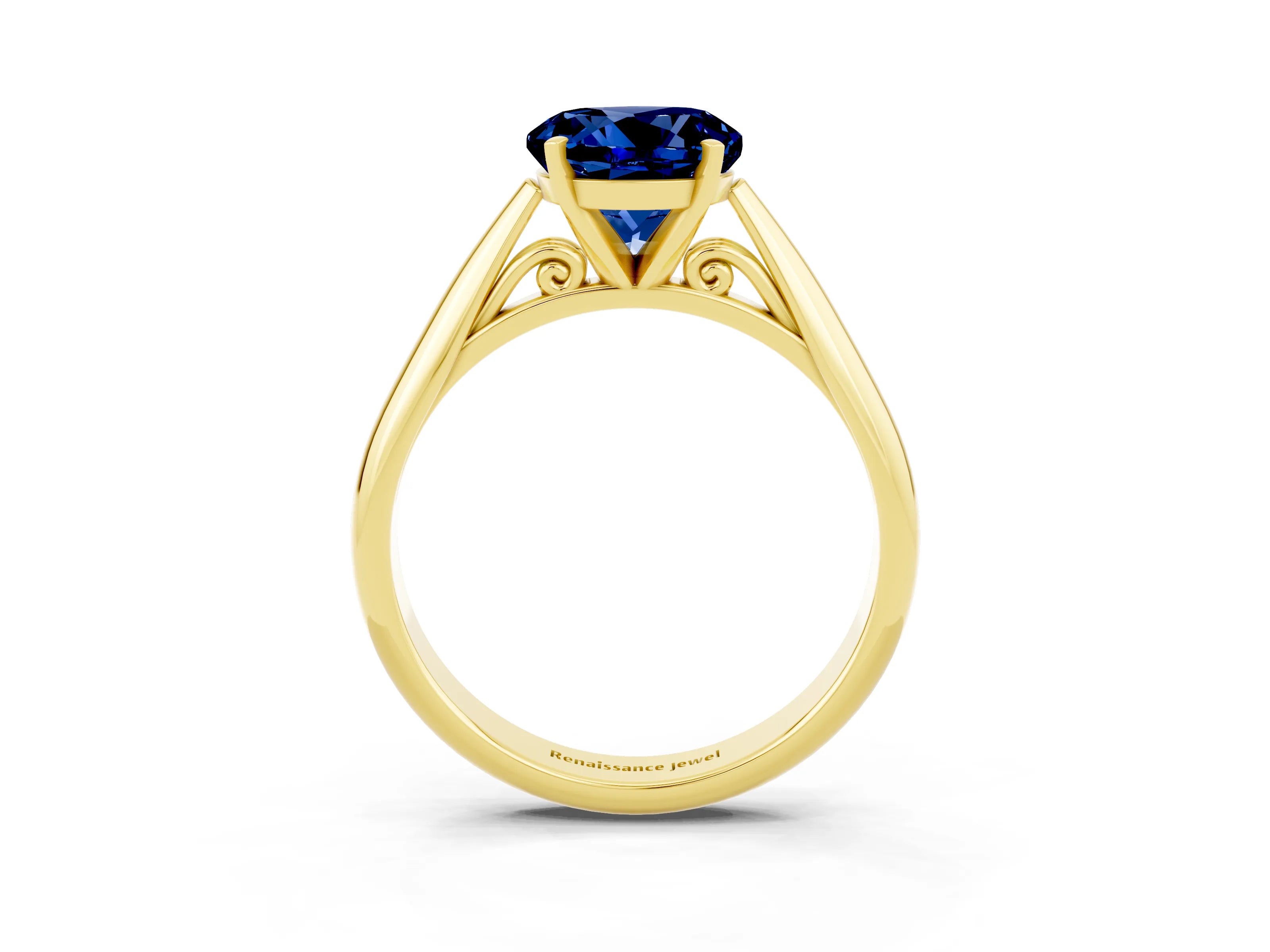 Yellow gold Round Cut Blue Sapphire Solitaire Engagement Ring with Cathedral Setting and Four-Prong Mount_15
