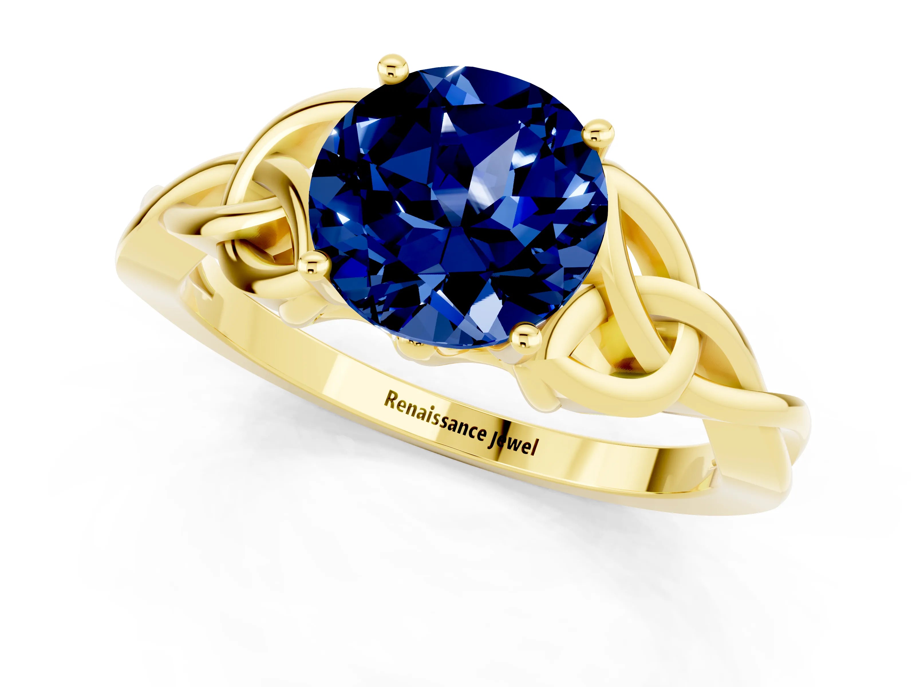 Yellow gold Round Cut Blue Sapphire Solitaire Engagement Ring with Celtic Knot Band and Four-Prong Setting_1