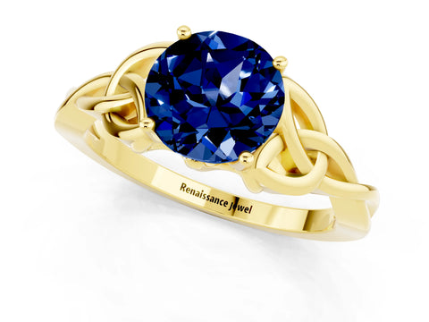 Yellow gold Round Cut Blue Sapphire Solitaire Engagement Ring with Celtic Knot Band and Four-Prong Setting_1