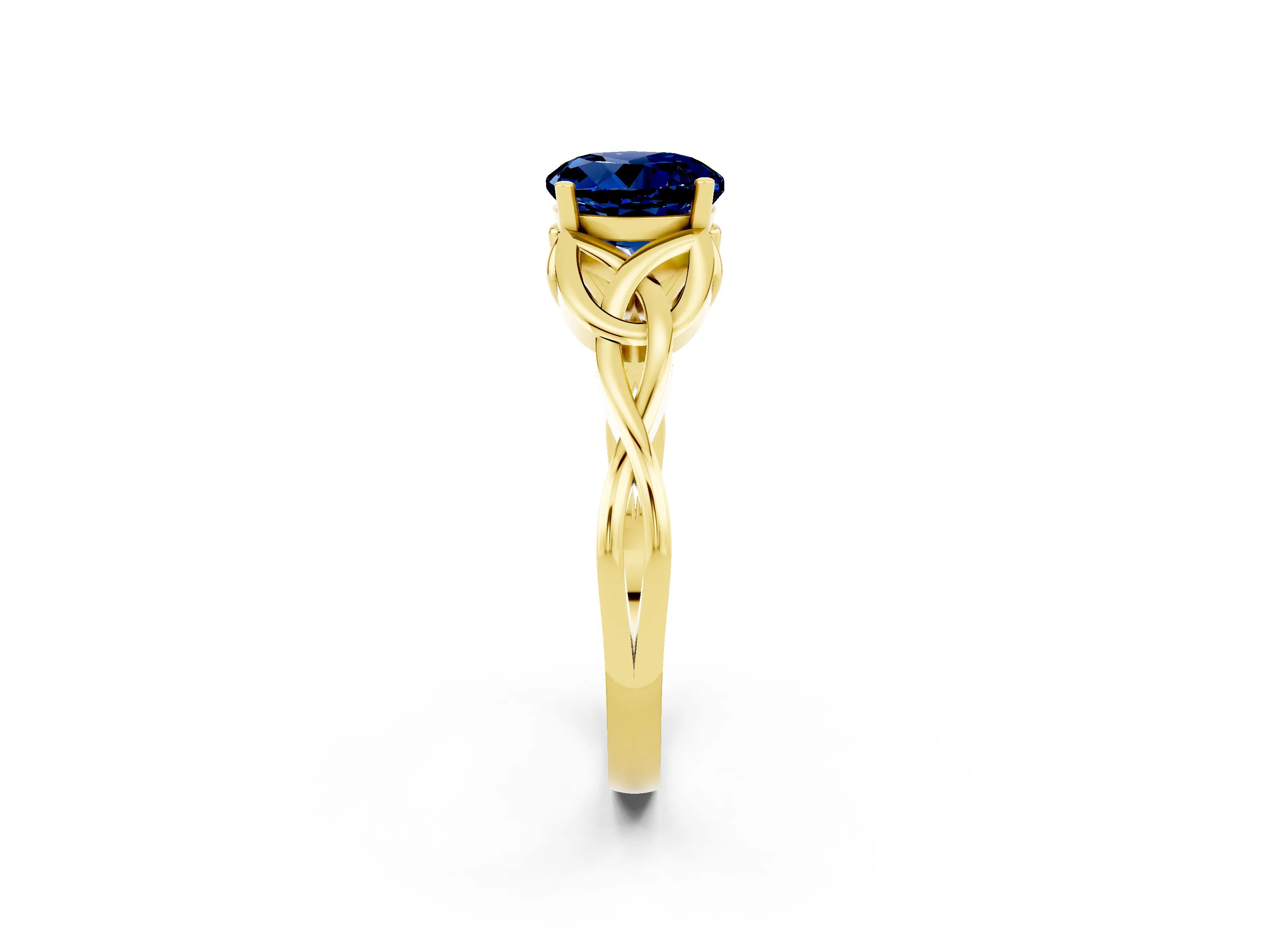 Yellow gold Round Cut Blue Sapphire Solitaire Engagement Ring with Celtic Knot Band and Four-Prong Setting_2