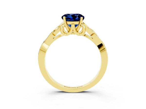Yellow gold Round Cut Blue Sapphire Solitaire Engagement Ring with Celtic Knot Band and Four-Prong Setting