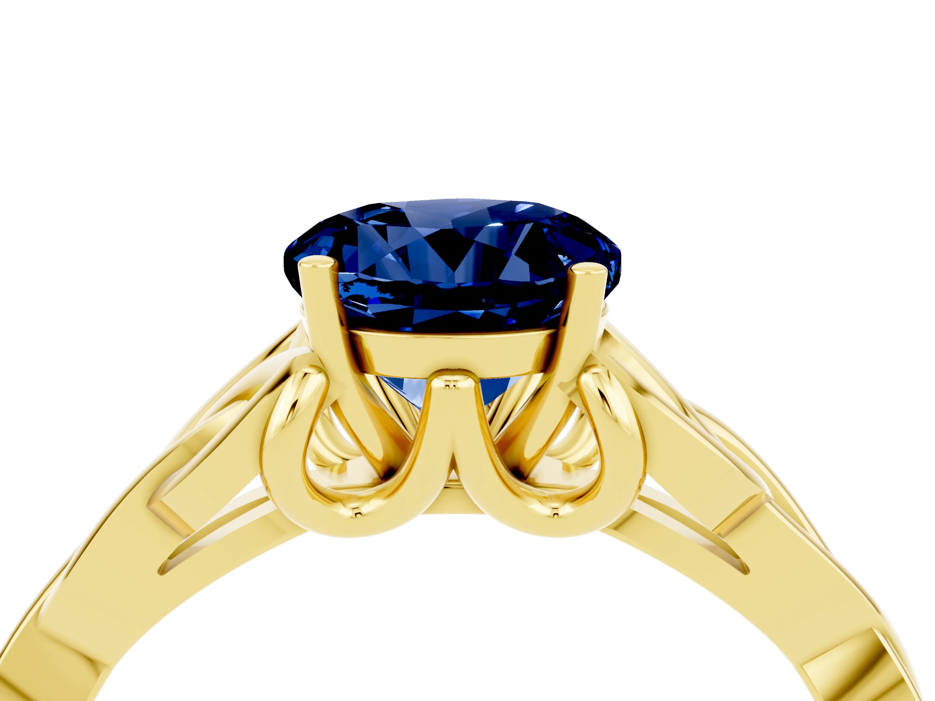 Yellow gold Round Cut Blue Sapphire Solitaire Engagement Ring with Celtic Knot Band and Four-Prong Setting_4