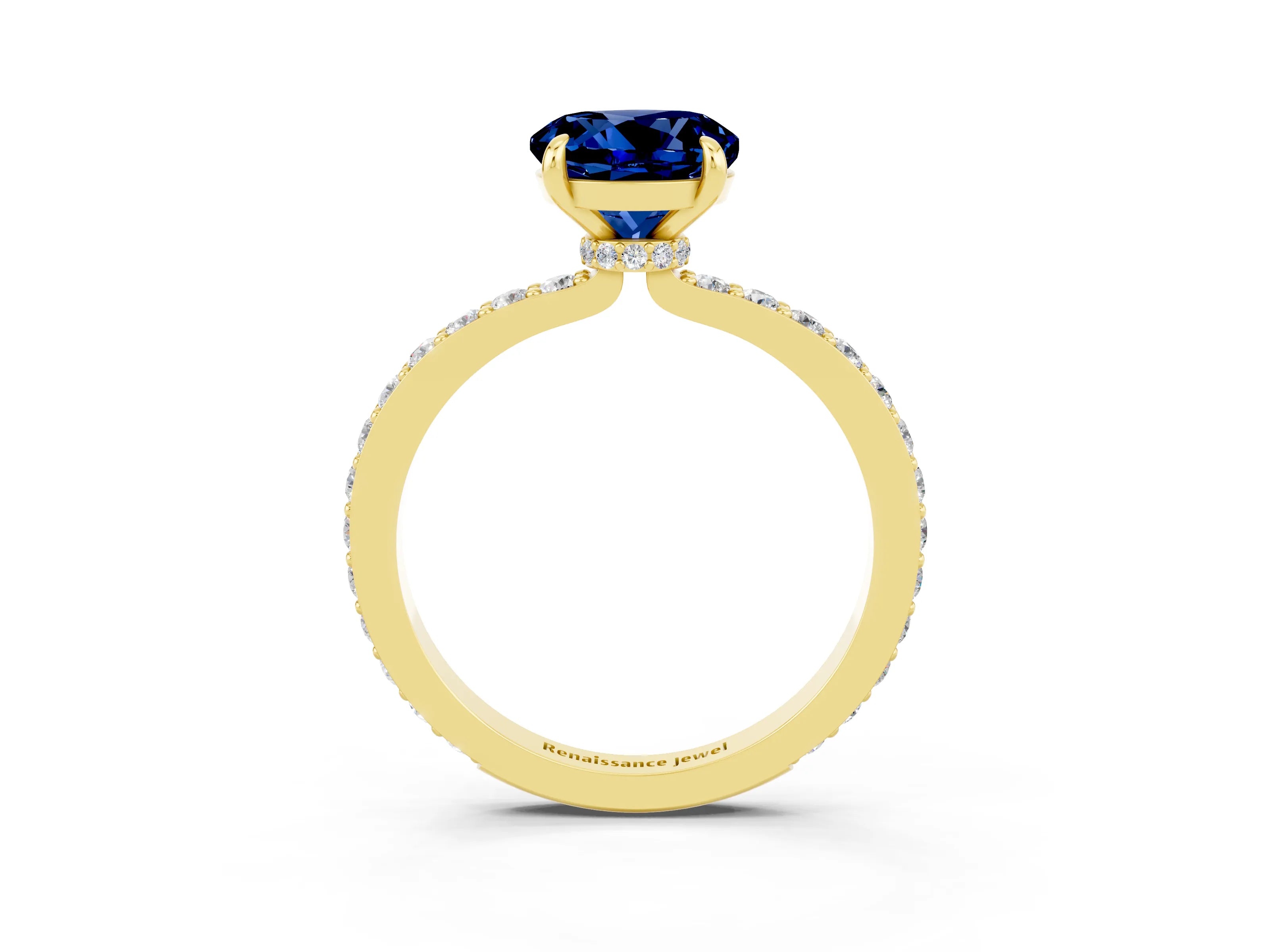 Yellow gold Round Cut Blue Sapphire Solitaire Engagement Ring with Pavé Band and Four-Prong Setting_3