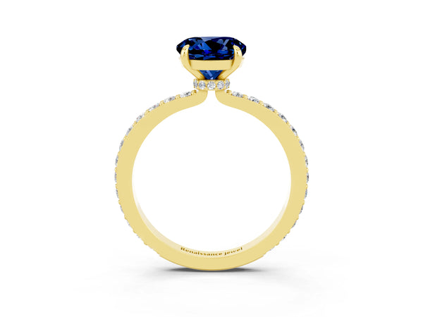 Yellow gold Round Cut Blue Sapphire Solitaire Engagement Ring with Pavé Band and Four-Prong Setting