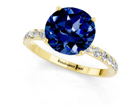 Yellow gold Round Cut Blue Sapphire Solitaire Engagement Ring with Pavé Band and Prong Setting_1