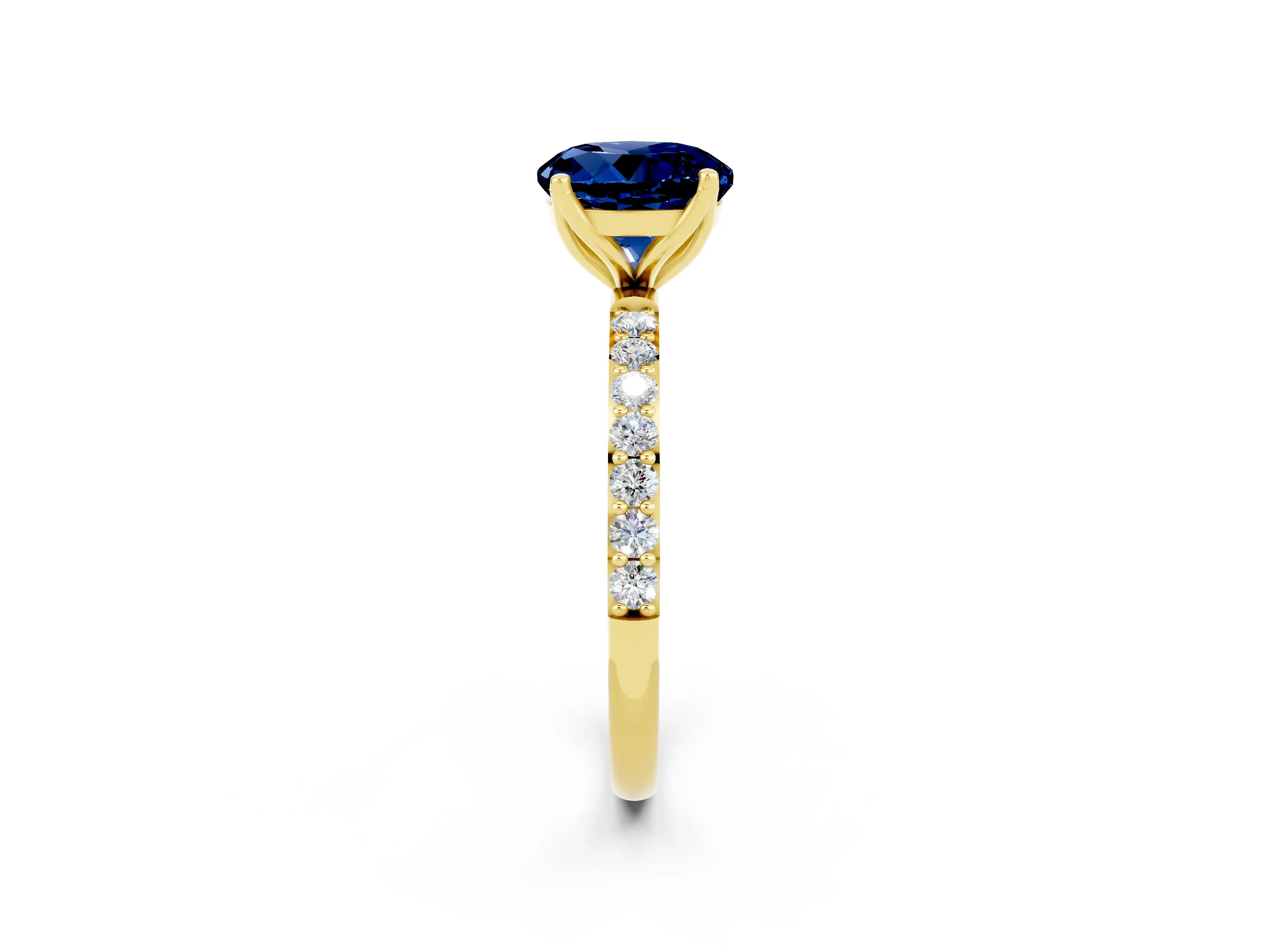 Yellow gold Round Cut Blue Sapphire Solitaire Engagement Ring with Pavé Band and Prong Setting_2
