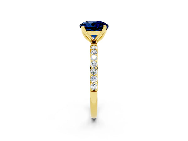 Yellow gold Round Cut Blue Sapphire Solitaire Engagement Ring with Round  Pavé Band and Prong Setting