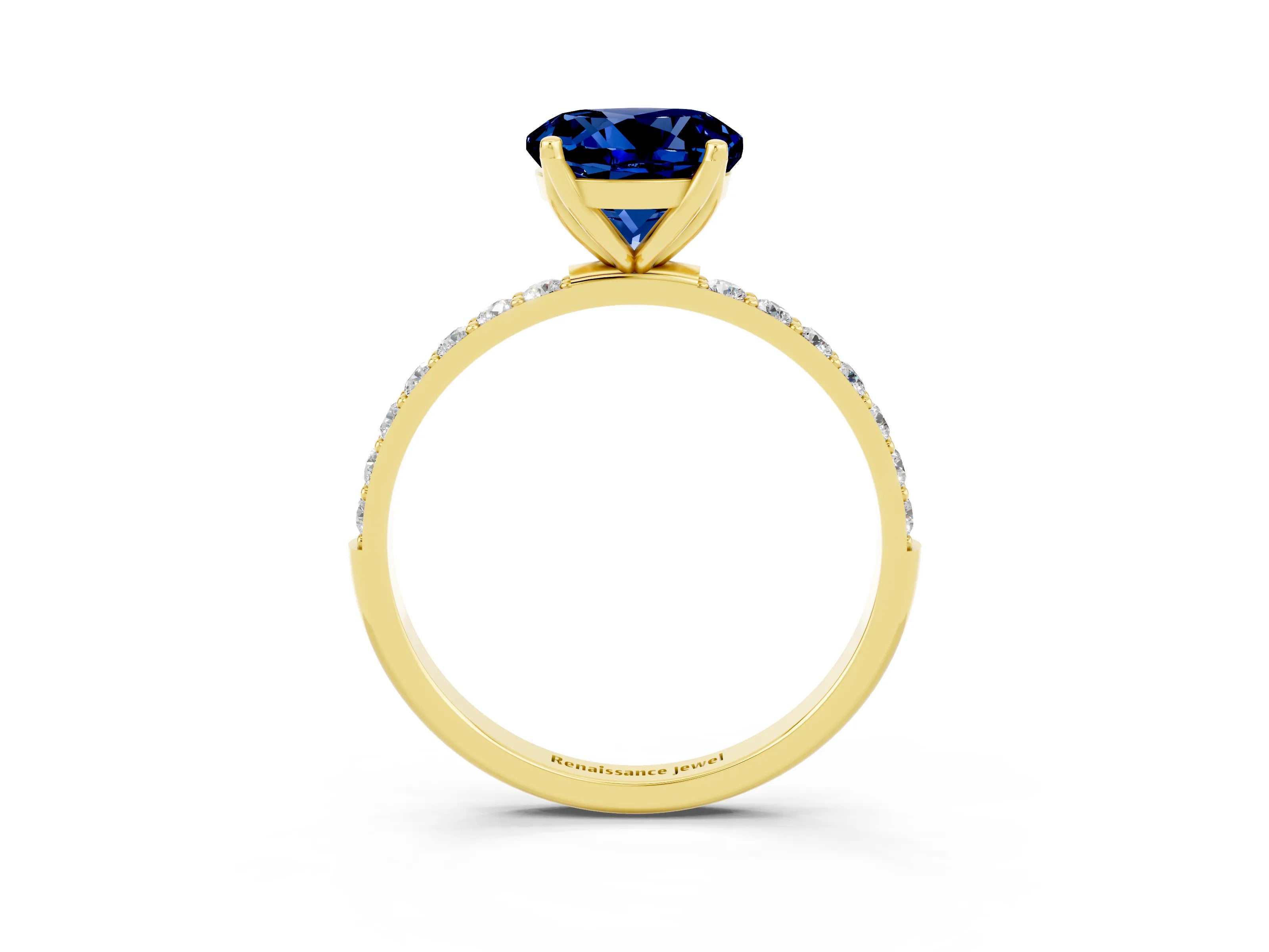 Yellow gold Round Cut Blue Sapphire Solitaire Engagement Ring with Pavé Band and Prong Setting_3