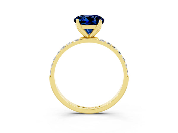 Yellow gold Round Cut Blue Sapphire Solitaire Engagement Ring with Round  Pavé Band and Prong Setting