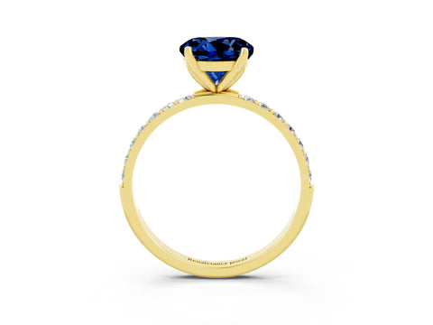 Yellow gold Round Cut Blue Sapphire Solitaire Engagement Ring with Pavé Band and Prong Setting_3