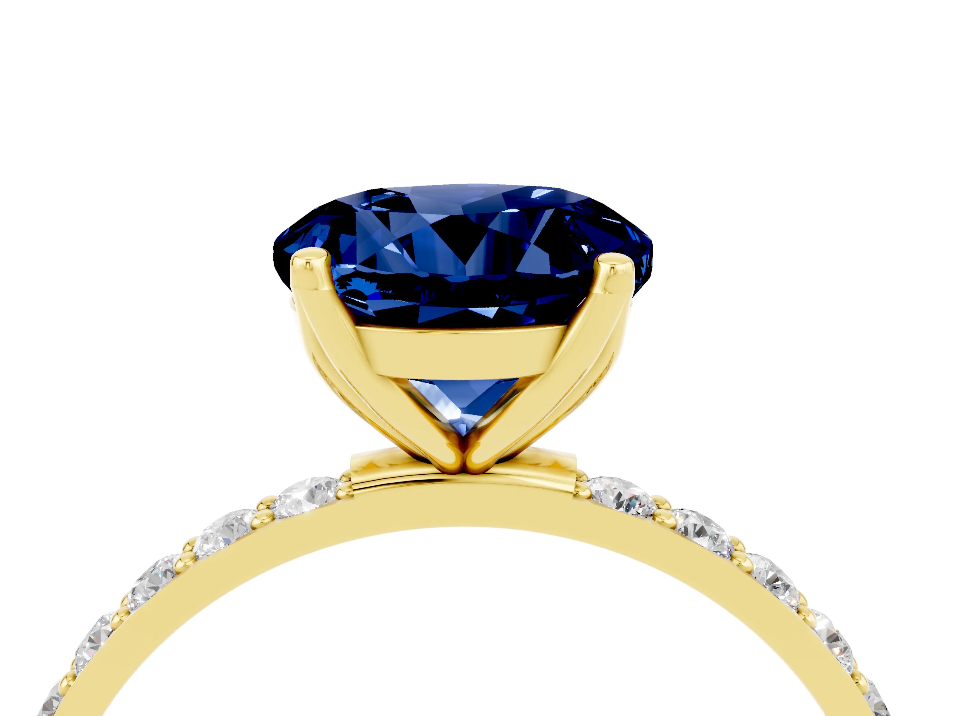 Yellow gold Round Cut Blue Sapphire Solitaire Engagement Ring with Pavé Band and Prong Setting_4