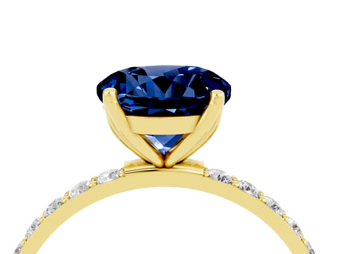 Yellow gold Round Cut Blue Sapphire Solitaire Engagement Ring with Pavé Band and Prong Setting_4