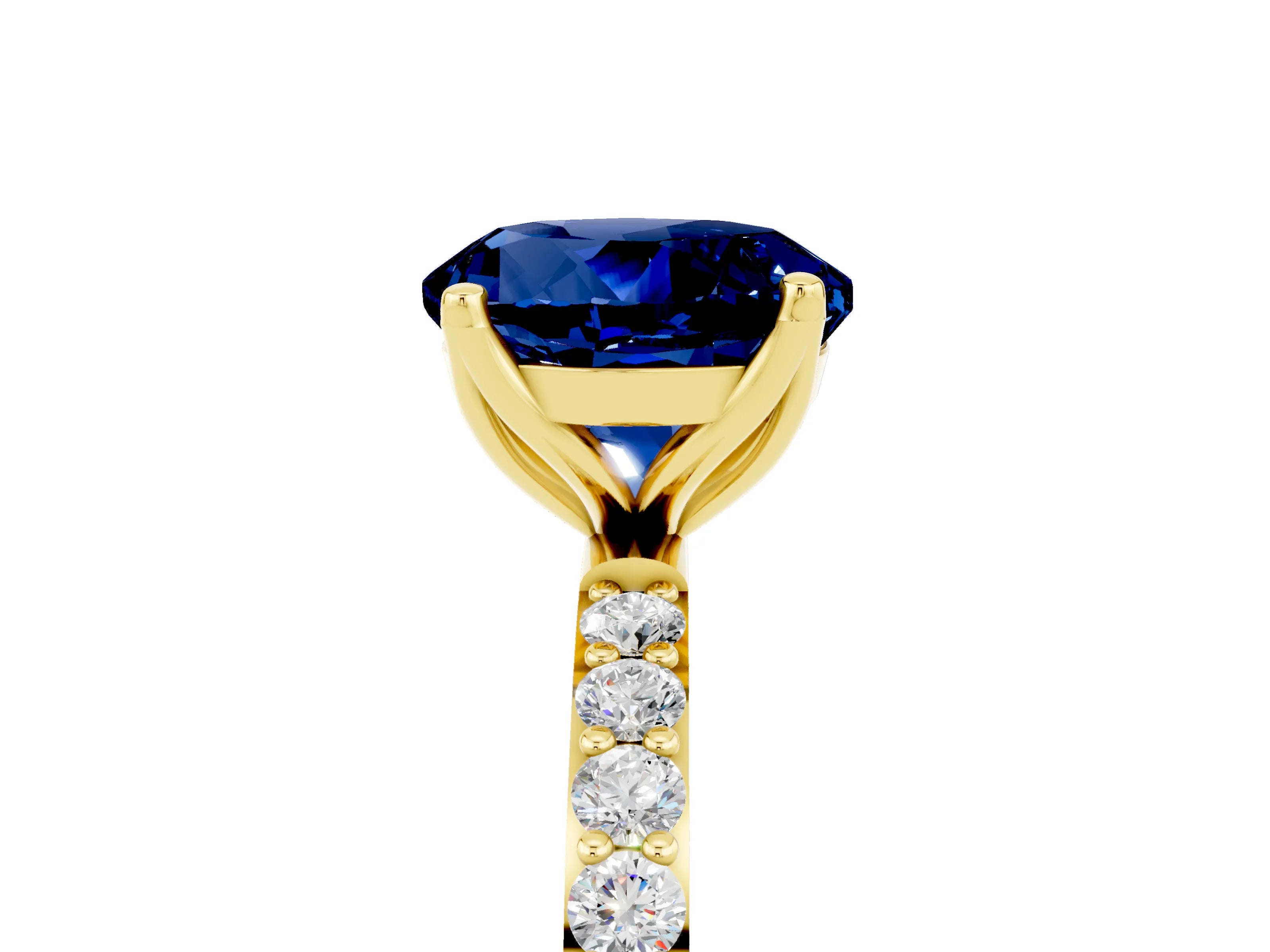 Yellow gold Round Cut Blue Sapphire Solitaire Engagement Ring with Pavé Band and Prong Setting_5