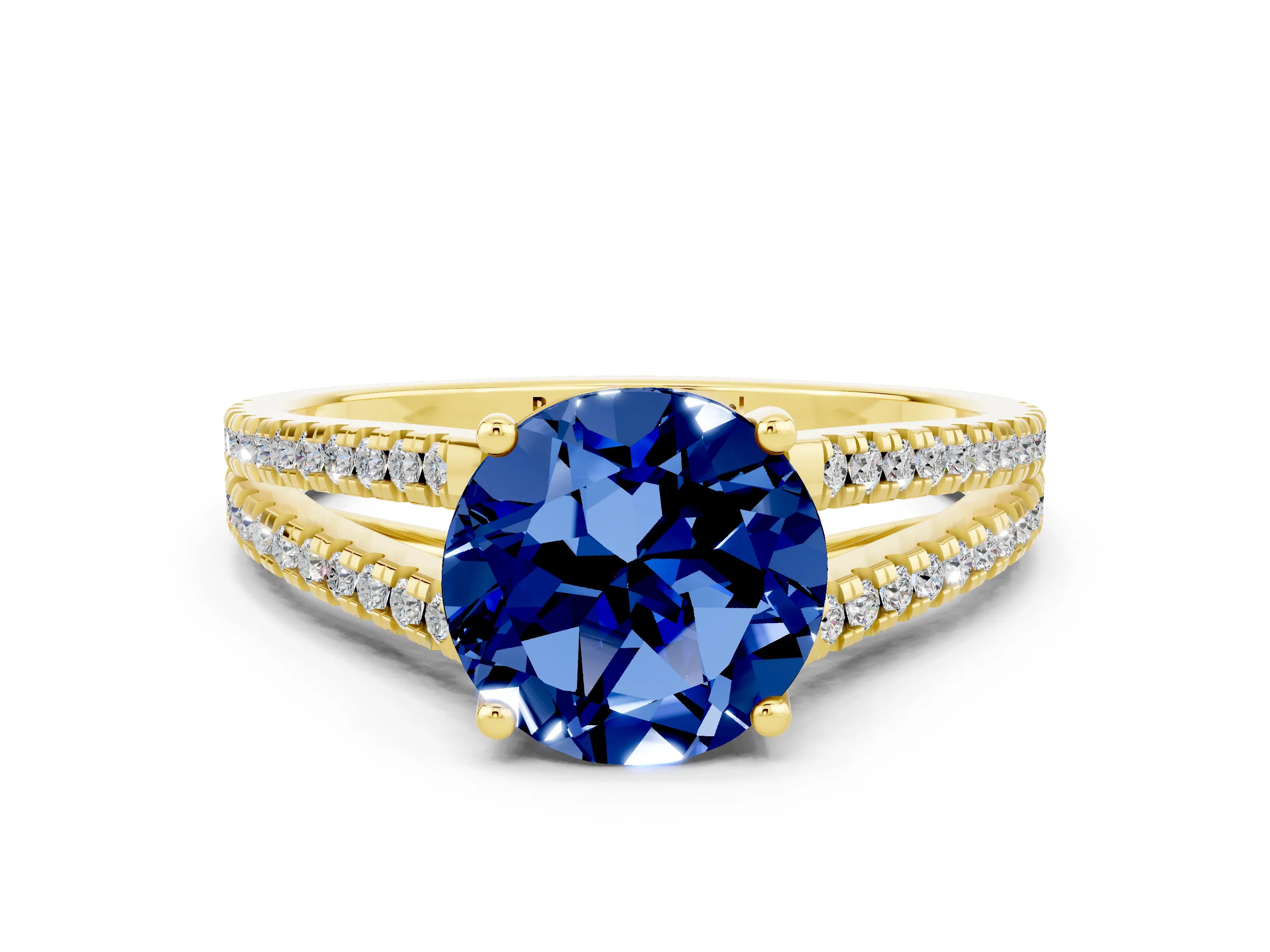 Yellow gold Round Cut Blue Sapphire Solitaire Engagement Ring with Split Shank Pavé Band