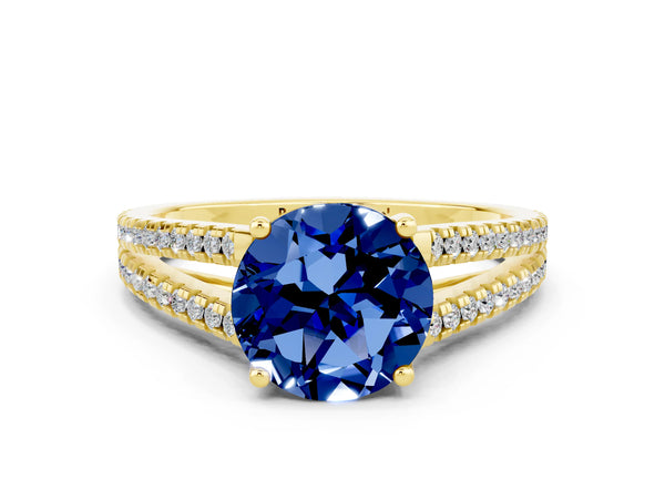 Yellow gold Round Cut Blue Sapphire Solitaire Engagement Ring with Split Shank Pavé Band