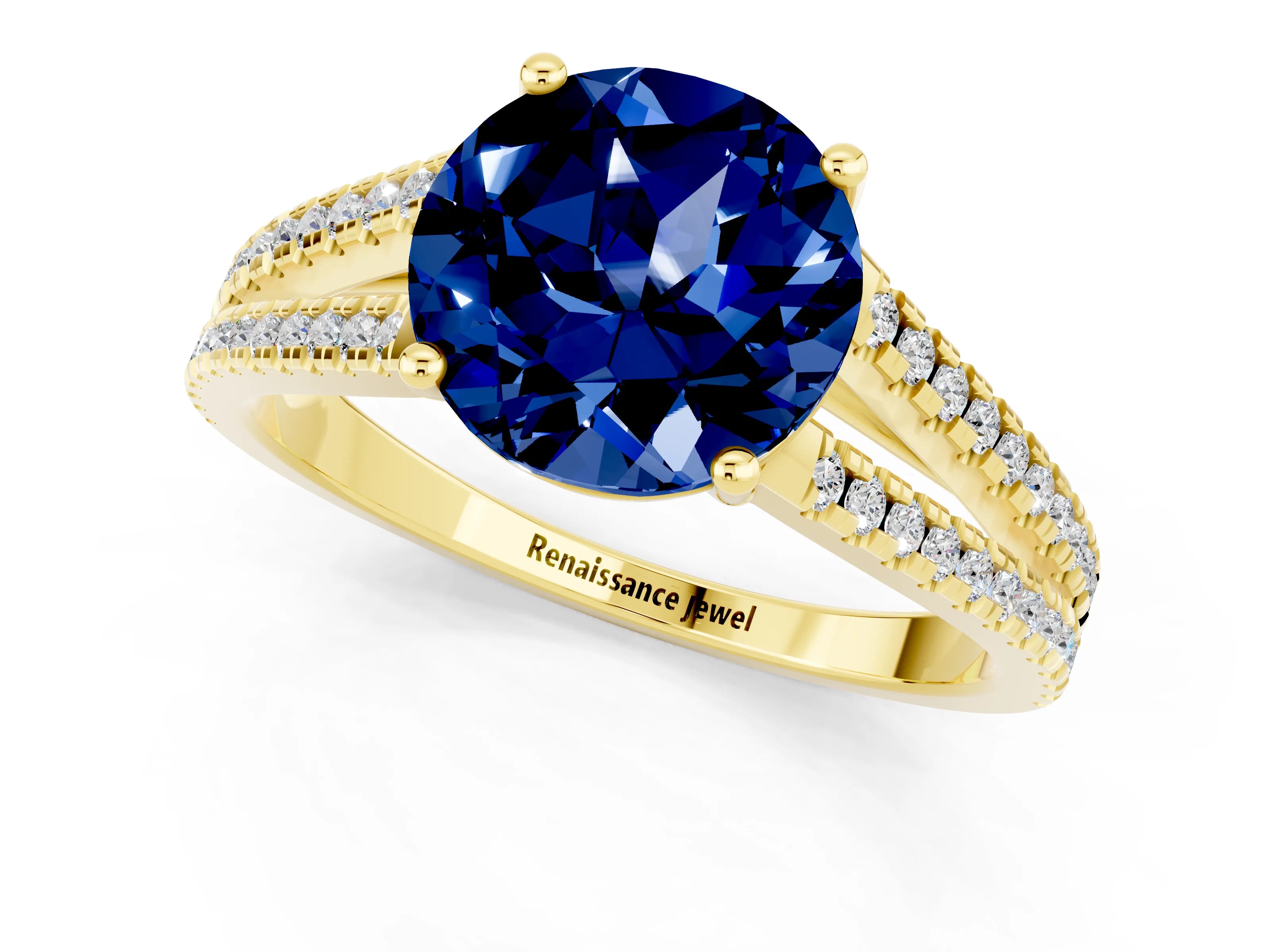 Yellow gold Round Cut Blue Sapphire Solitaire Engagement Ring with Split Shank Pavé Band_1