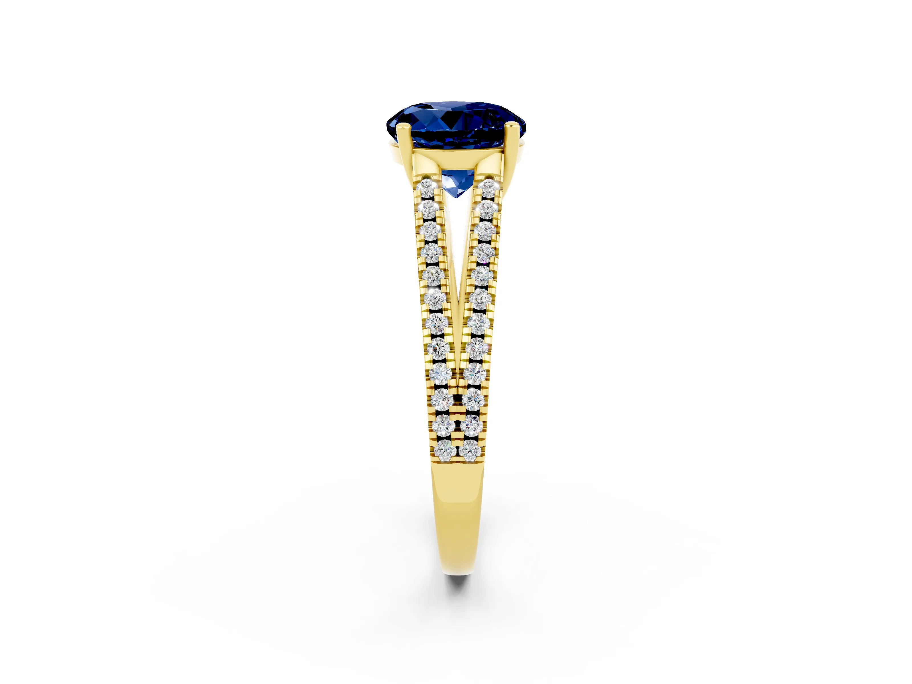 Yellow gold Round Cut Blue Sapphire Solitaire Engagement Ring with Split Shank Pavé Band_2